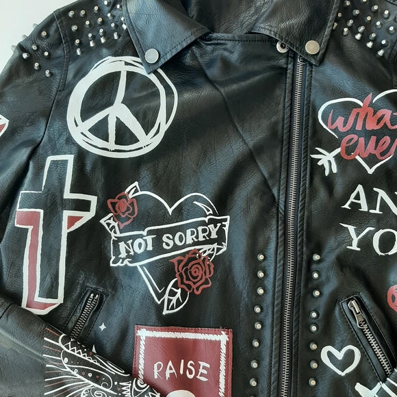 Dope Faux Leather Women's Graffiti Biker Jacket - Picture 2 of 9